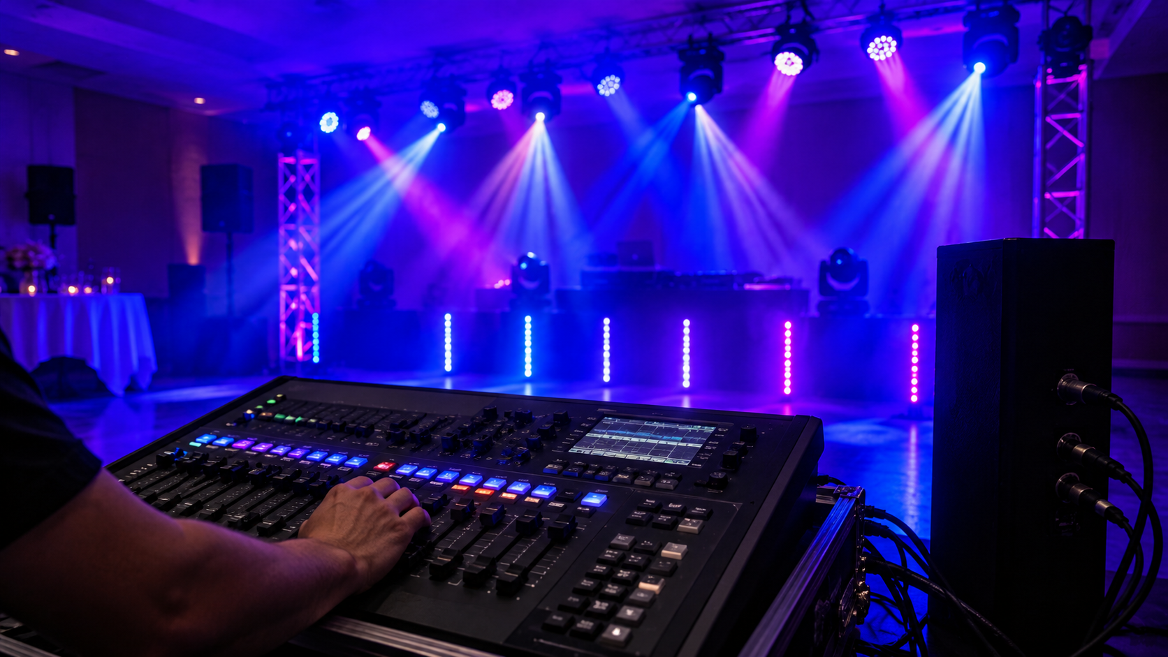 Consola DMX controlando varias luces conectadas por cable