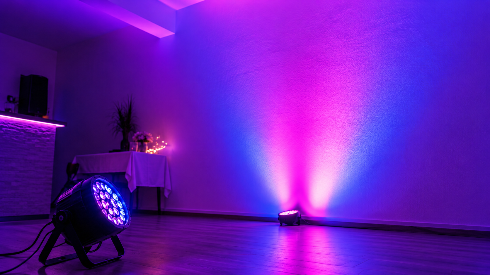 Un solo foco PAR LED en modo automático iluminando un espacio