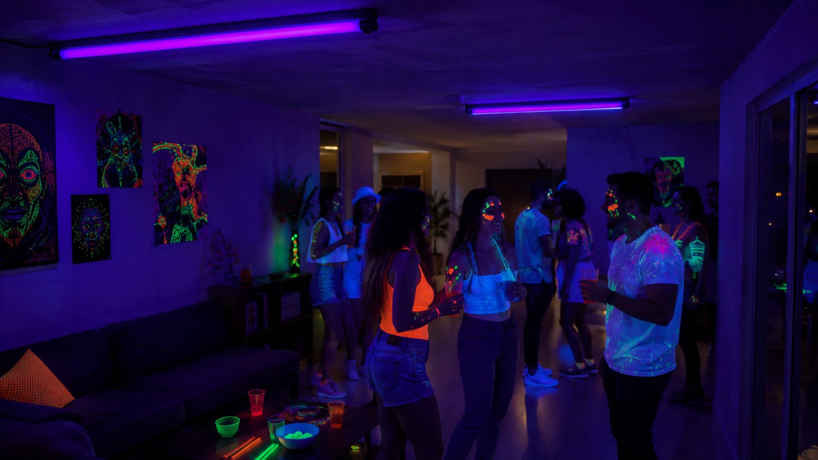 Tubo de luz negra iluminando una fiesta UV en casa