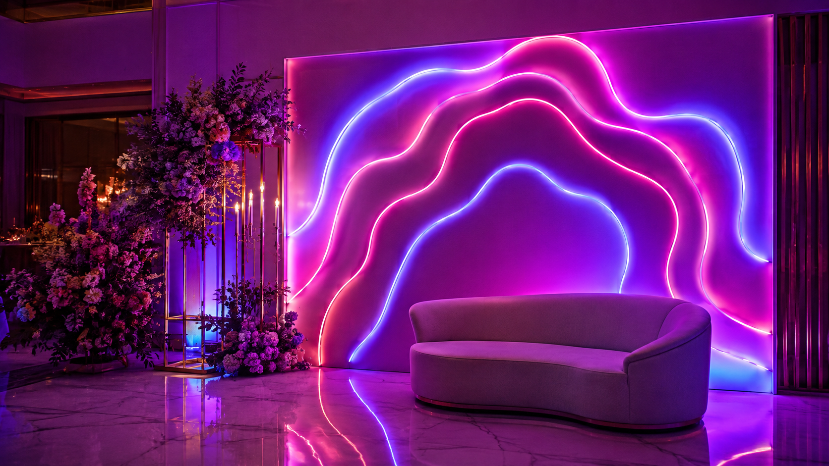 Neón LED decorando un espacio moderno para fotografías y eventos