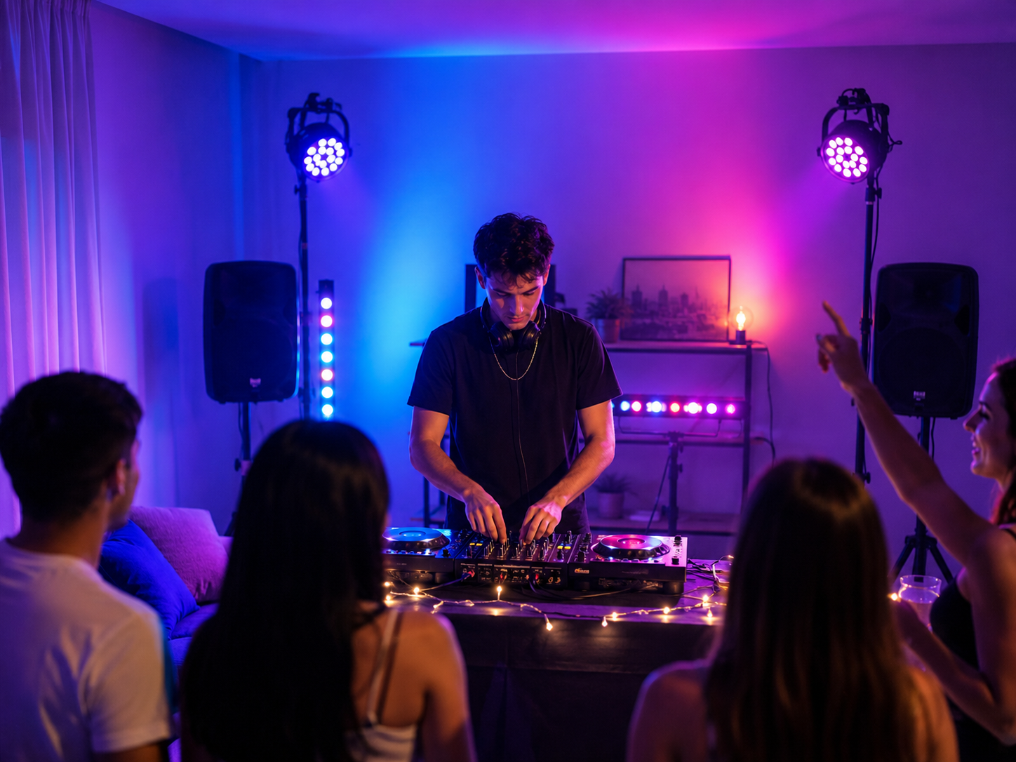 DJ principiante con equipo básico de PAR LED y efectos de iluminación