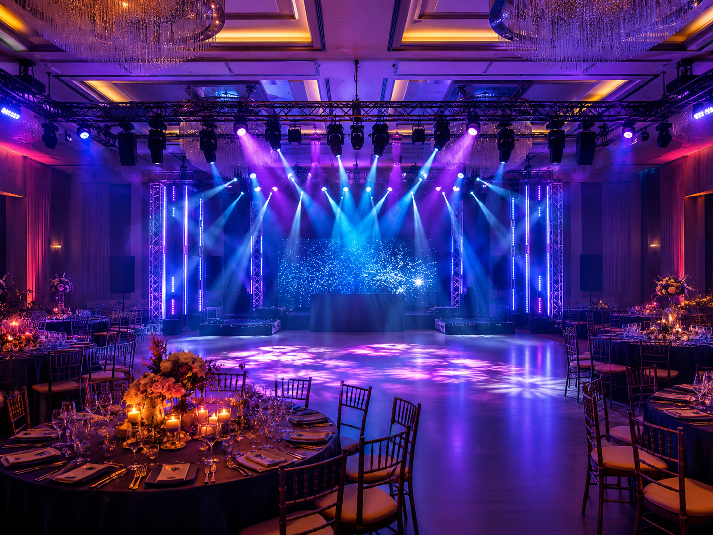 Escenario profesional con truss, moving heads, Beam, Wash y sistema DMX avanzado