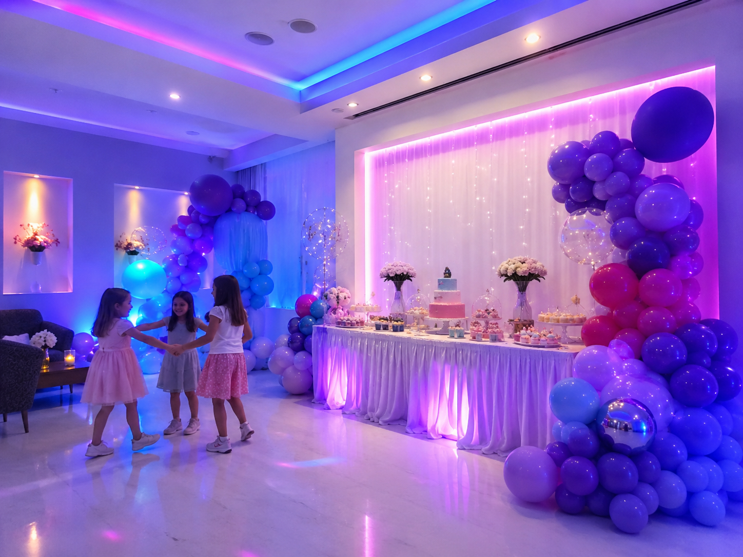 Espacio infantil decorado con luces de colores vivos