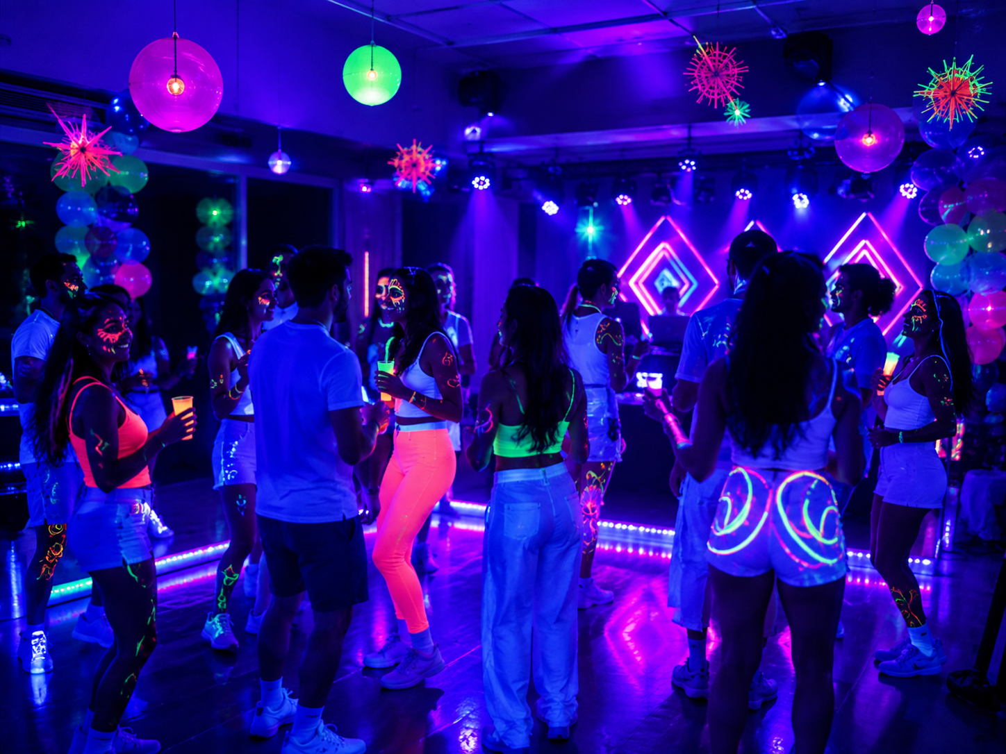 Fiesta UV con ropa y decoración fluorescente bajo luz negra