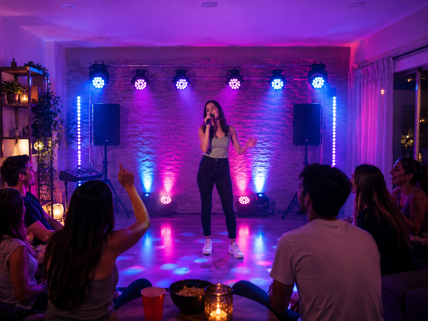 Persona cantando en un espacio de karaoke iluminado como pequeño escenario