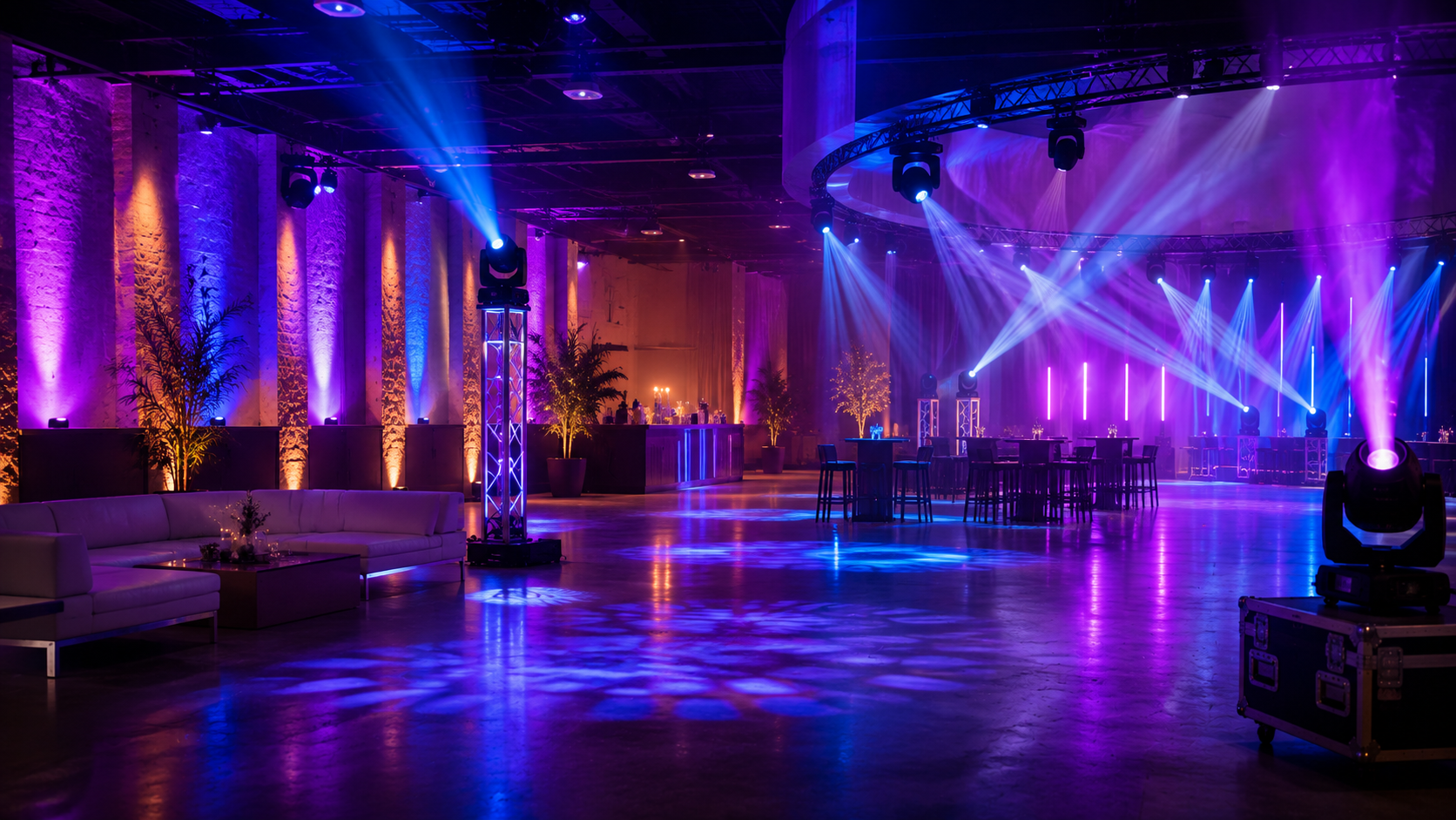 Espacio de evento siendo preparado con iluminación profesional para distintos tipos de celebración