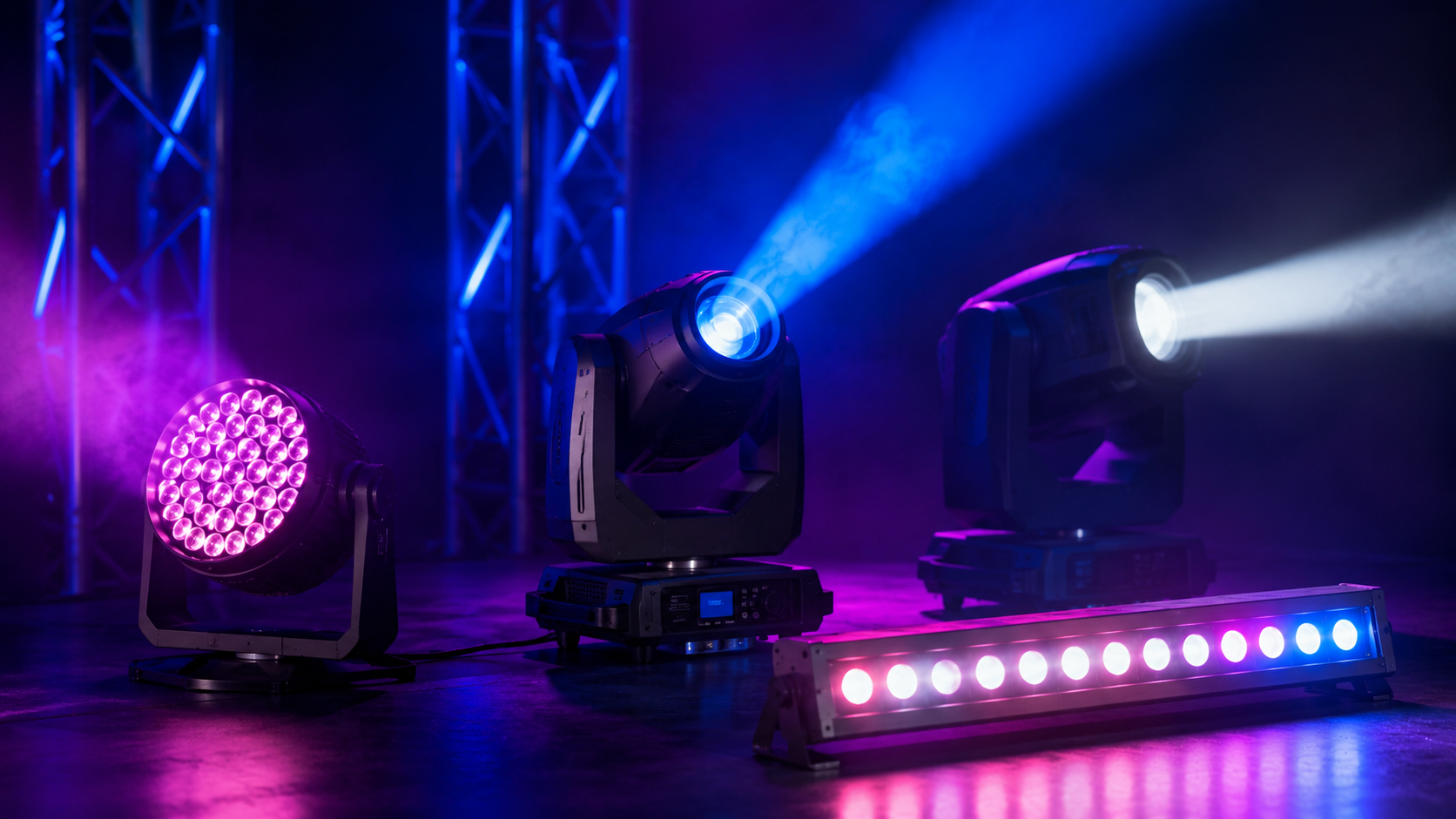 Controlador DMX en primer plano con un sistema de iluminación sincronizado de fondo