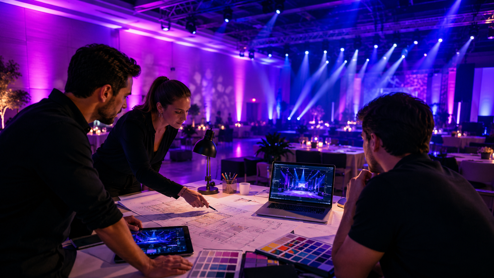 Equipo creativo planificando la iluminación de un evento