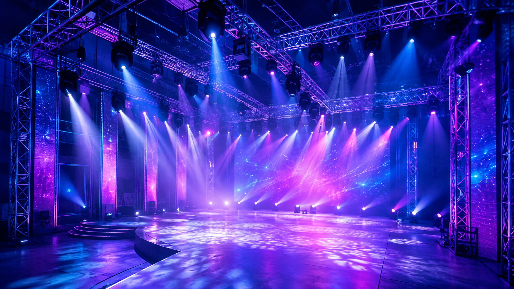 Escenario profesional con truss, moving heads y haces de luz