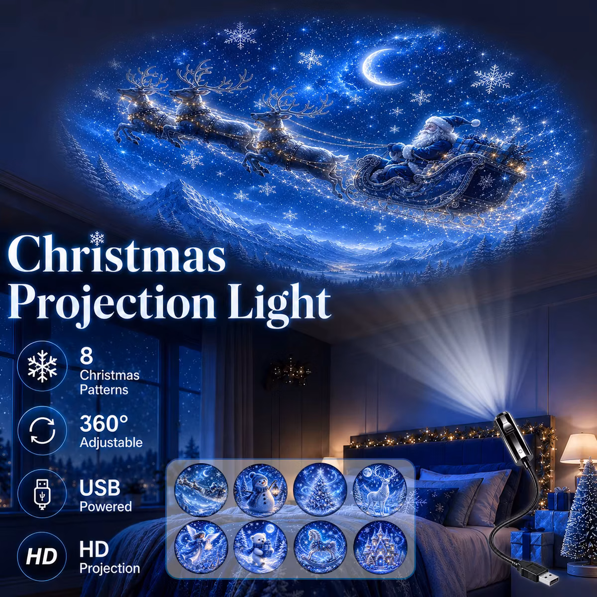 Luz de Noche Decorativa Navideña con Proyección de 8 Patrones