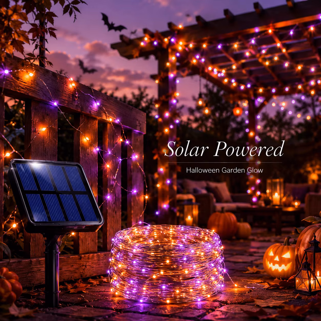 Luces Solares de Hadas Naranja y Morado con Cable de Cobre para Halloween