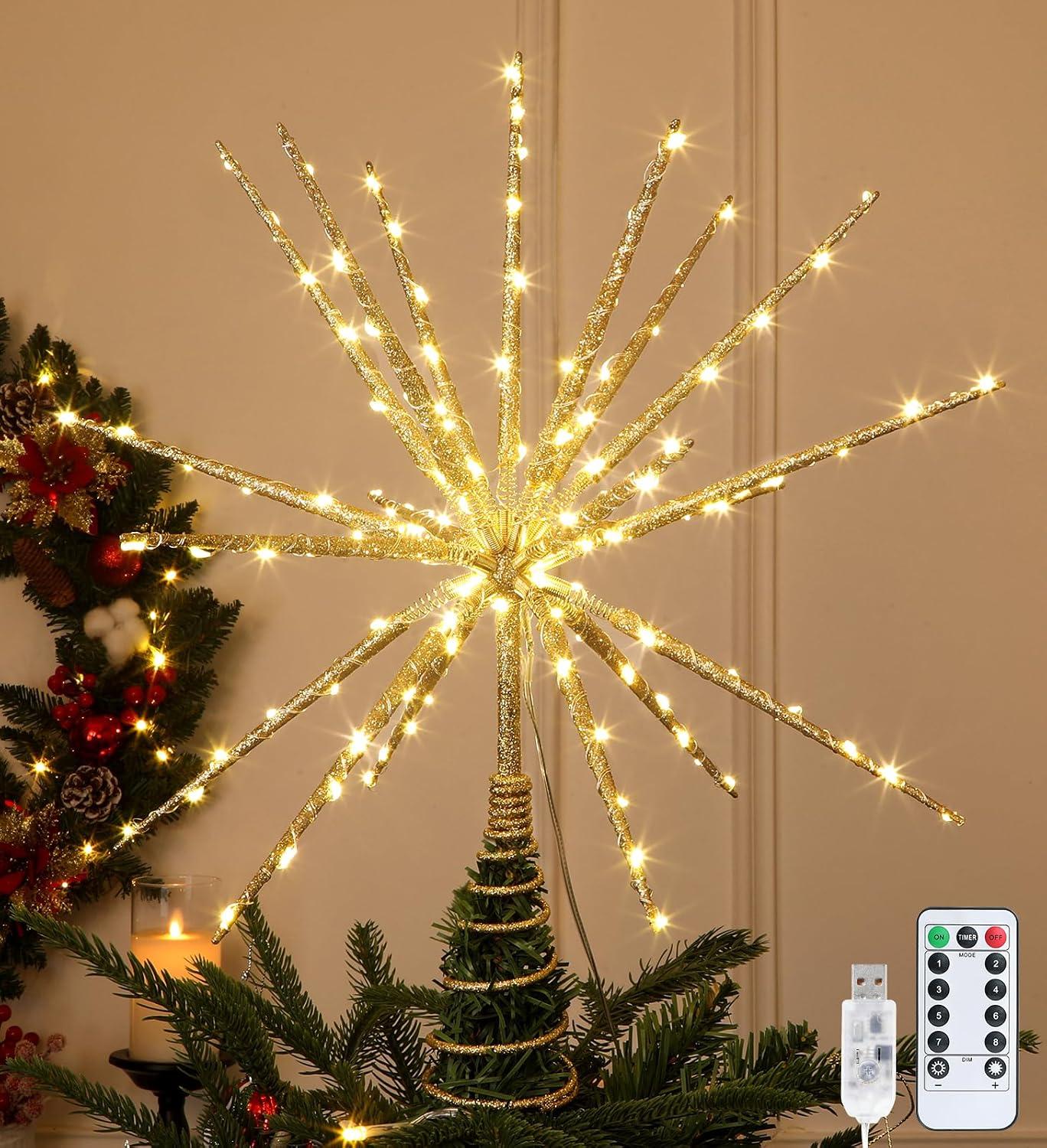 Estrella LED para la Punta del Árbol de Navidad, 15" Dorada con Control Remoto