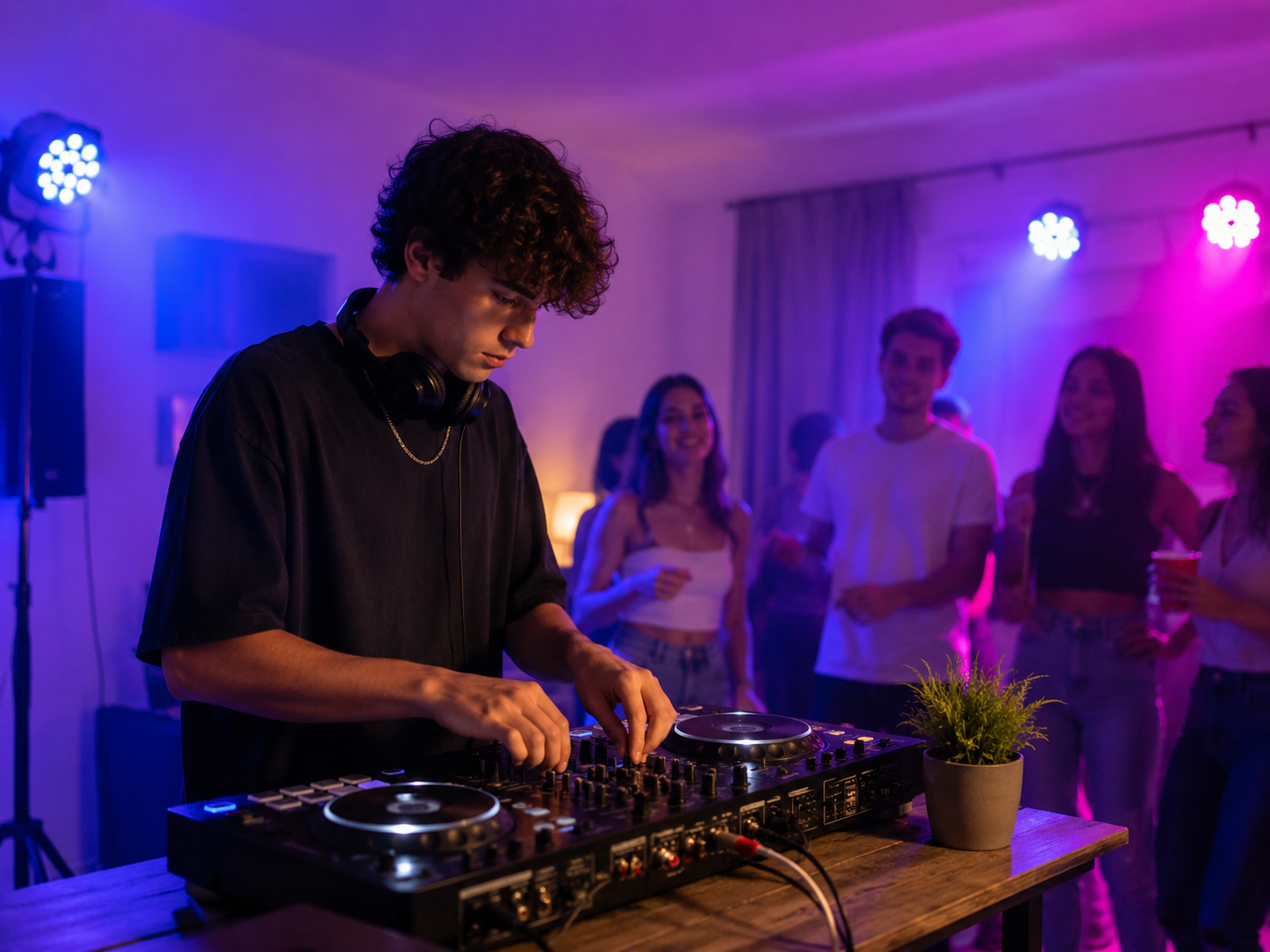 DJ principiante operando una controladora sencilla en una pequeña fiesta con iluminación básica LED