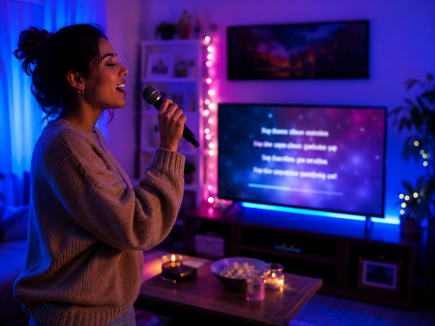 Persona cantando en un karaoke en casa con iluminación decorativa LED en tonos azul, violeta y magenta