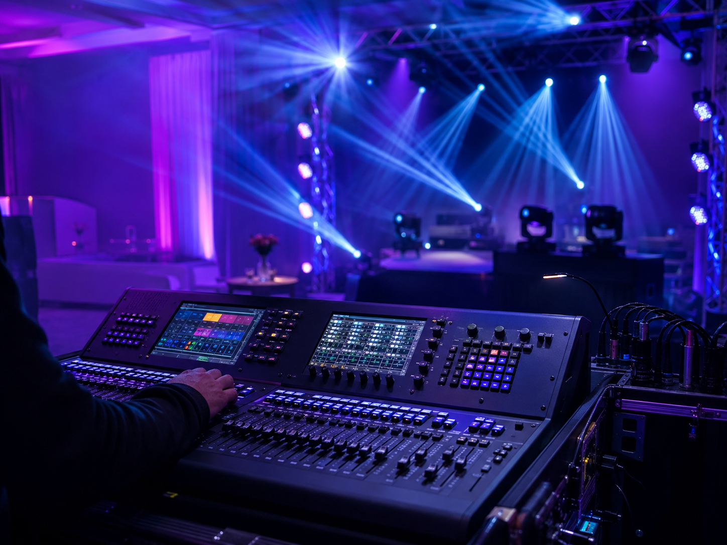Controlador DMX conectado a un sistema de iluminación profesional