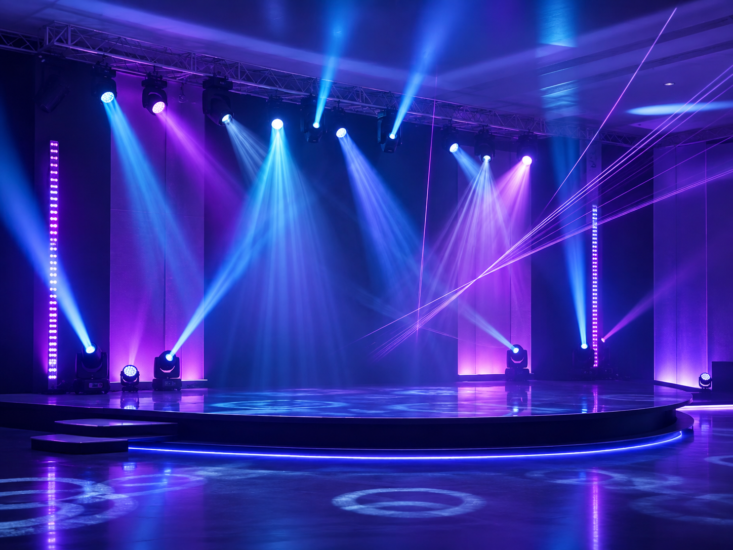 Distintos tipos de luces profesionales funcionando sobre un escenario