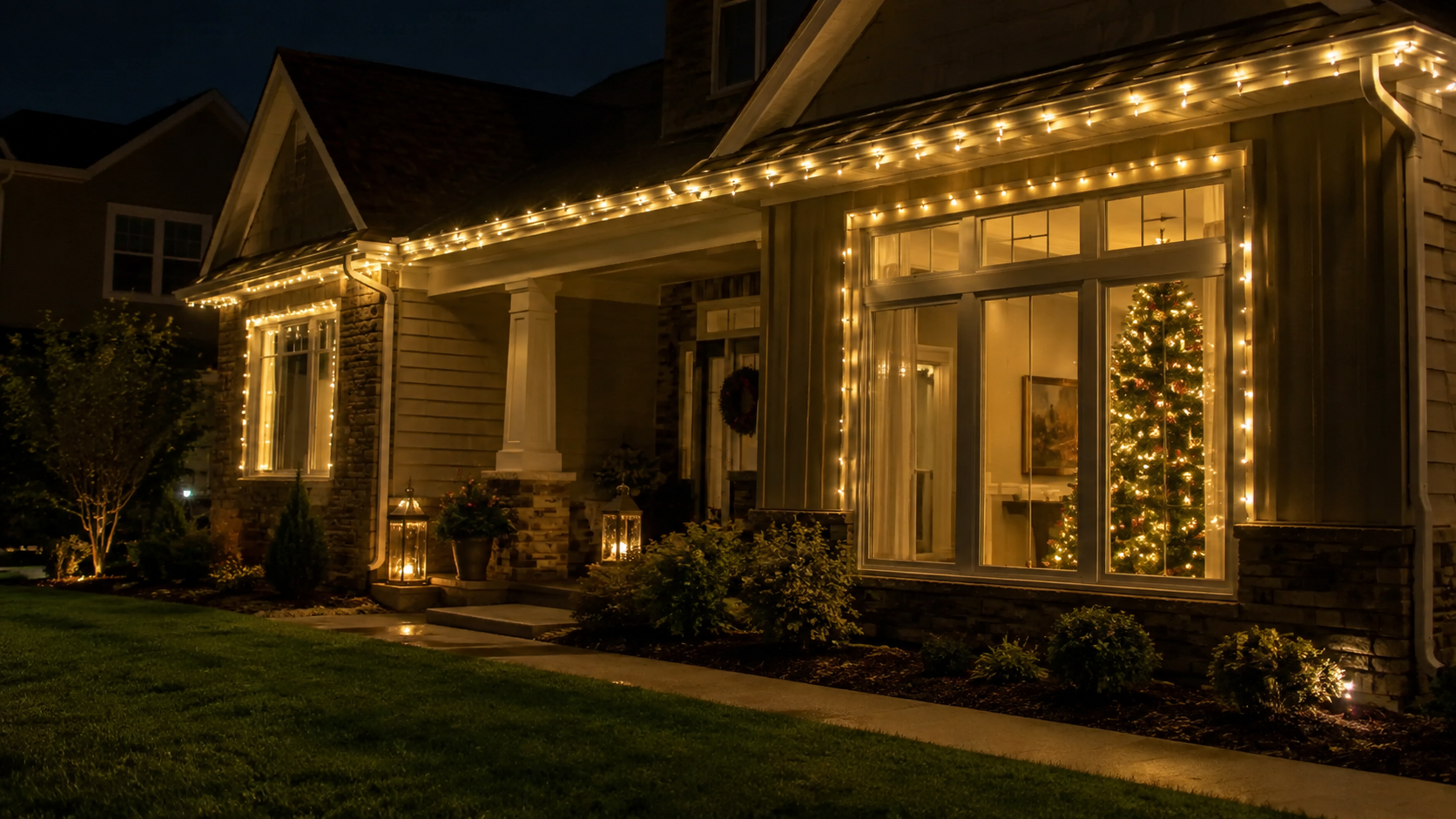 Casa decorada para Navidad de noche, con luces LED blanco cálido en la fachada y un árbol de Navidad iluminado visible a través de la ventana