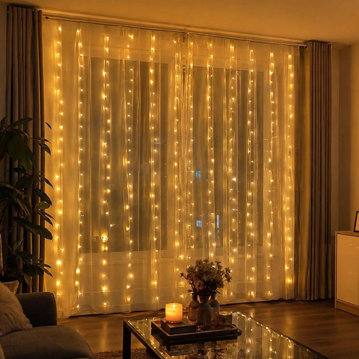 Cortina de luces LED cubriendo una ventana, con las líneas de luz cayendo en vertical