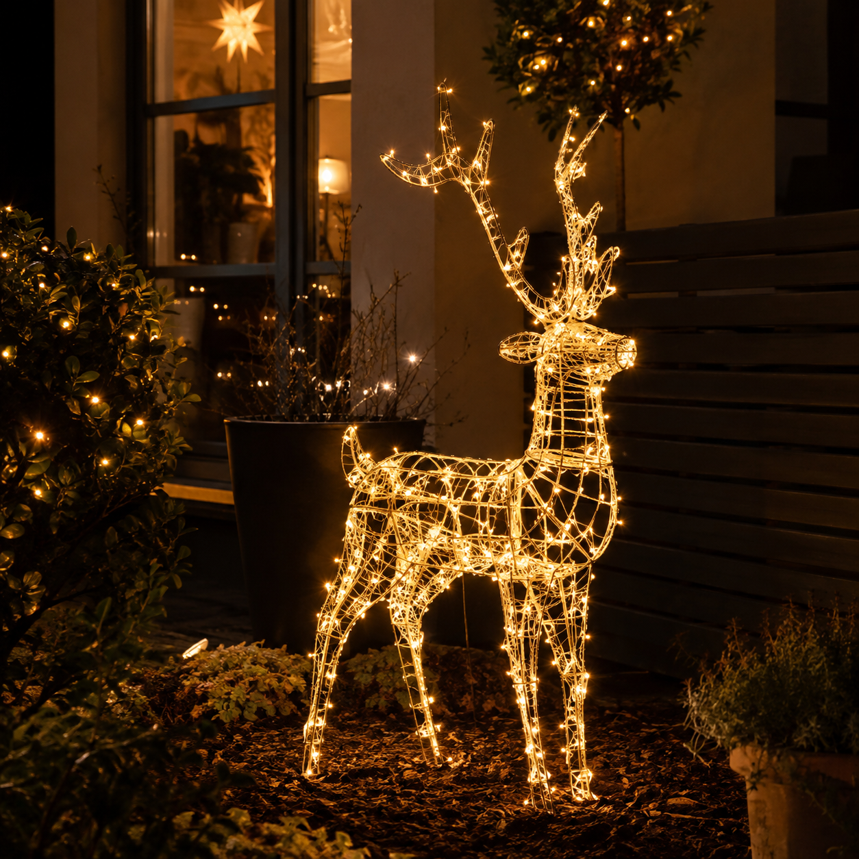 Figura navideña luminosa como punto decorativo en un jardín o balcón