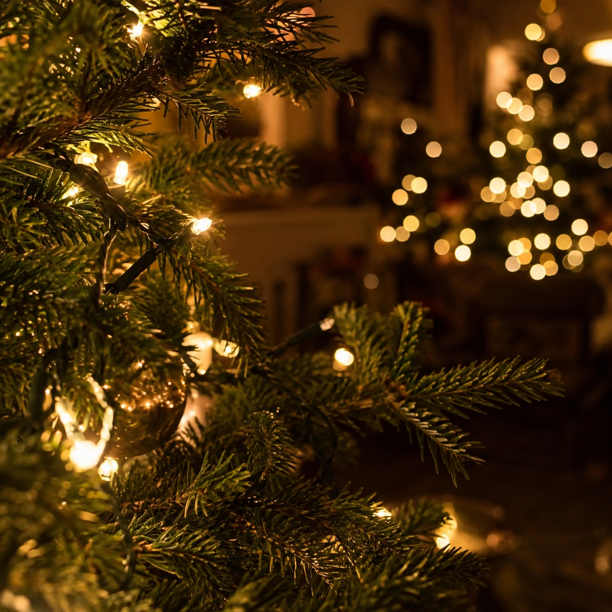 Guirnalda de luces LED blanco cálido enrollada en un árbol de Navidad, de noche