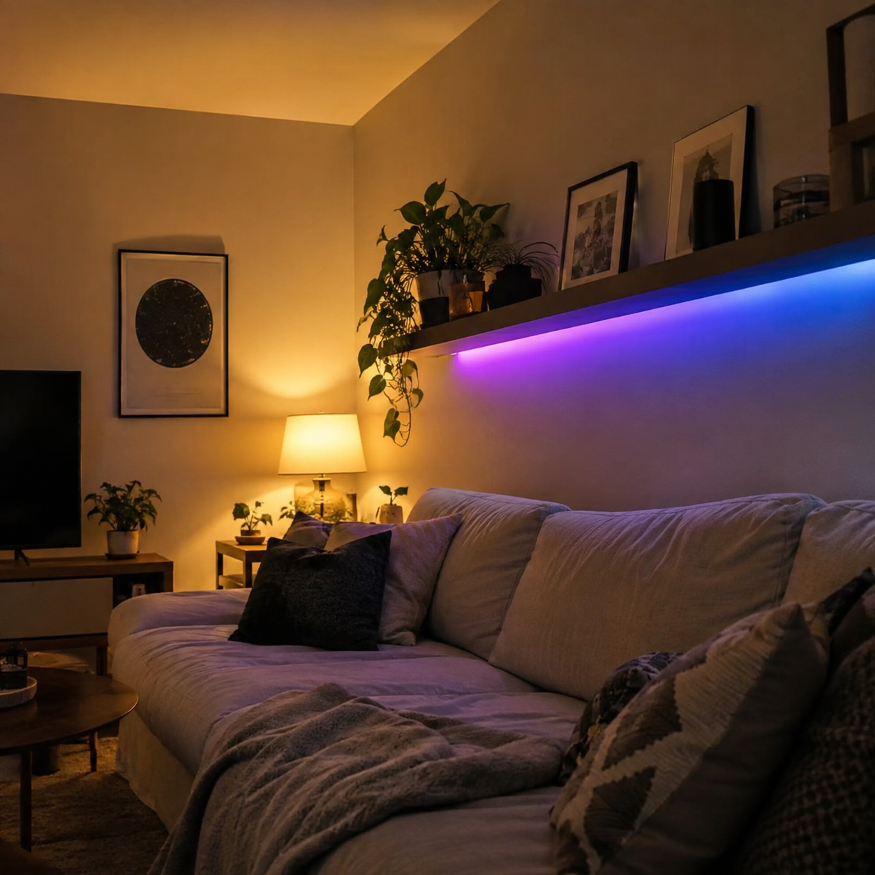 Tira LED iluminando de forma indirecta el borde de un mueble o repisa