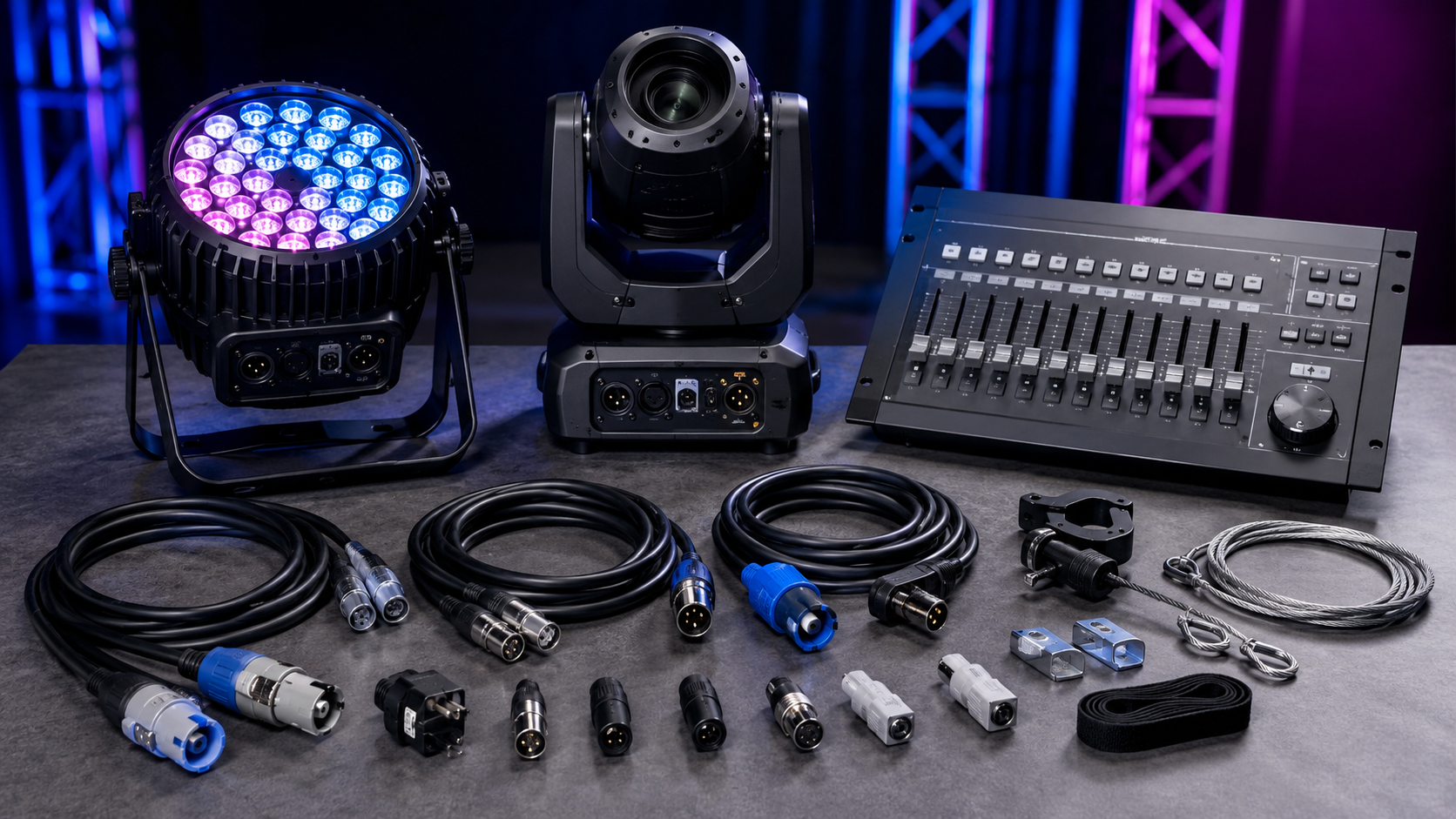 Equipos de iluminación, controlador DMX y cables preparados para revisar compatibilidad antes de comprar