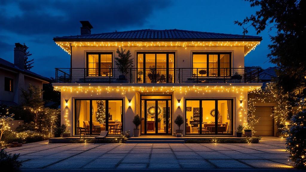 Fachada de una casa de dos pisos de noche con guirnaldas de luces LED blanco cálido en el alero, las ventanas y el jardín