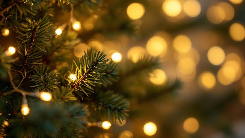 Primer plano de una guirnalda de luces LED blanco cálido sobre las ramas de un árbol de Navidad, con luces doradas desenfocadas al fondo