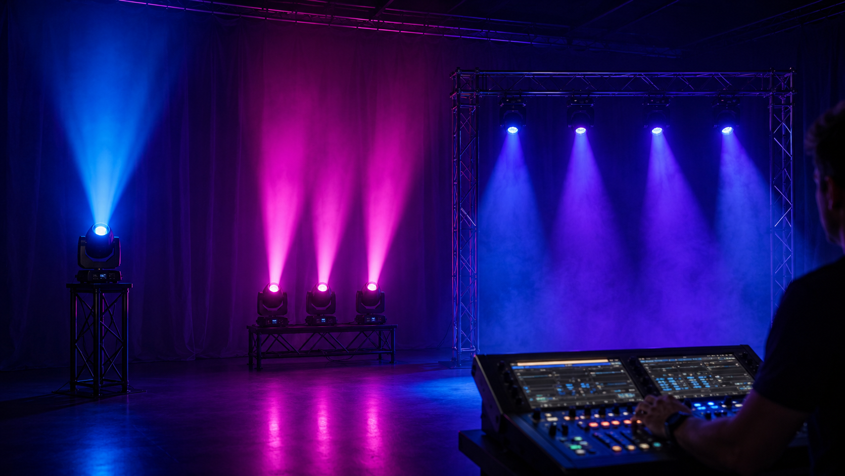 Sistema de iluminación mostrando modos automático, activado por sonido y control DMX