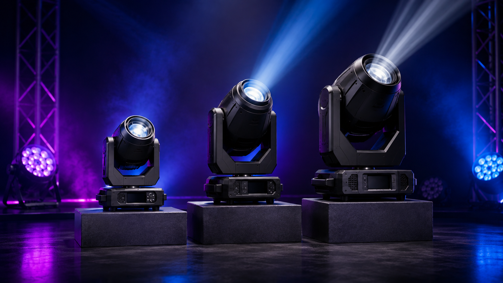 Equipos de iluminación de distintas gamas dispuestos lado a lado para comparar