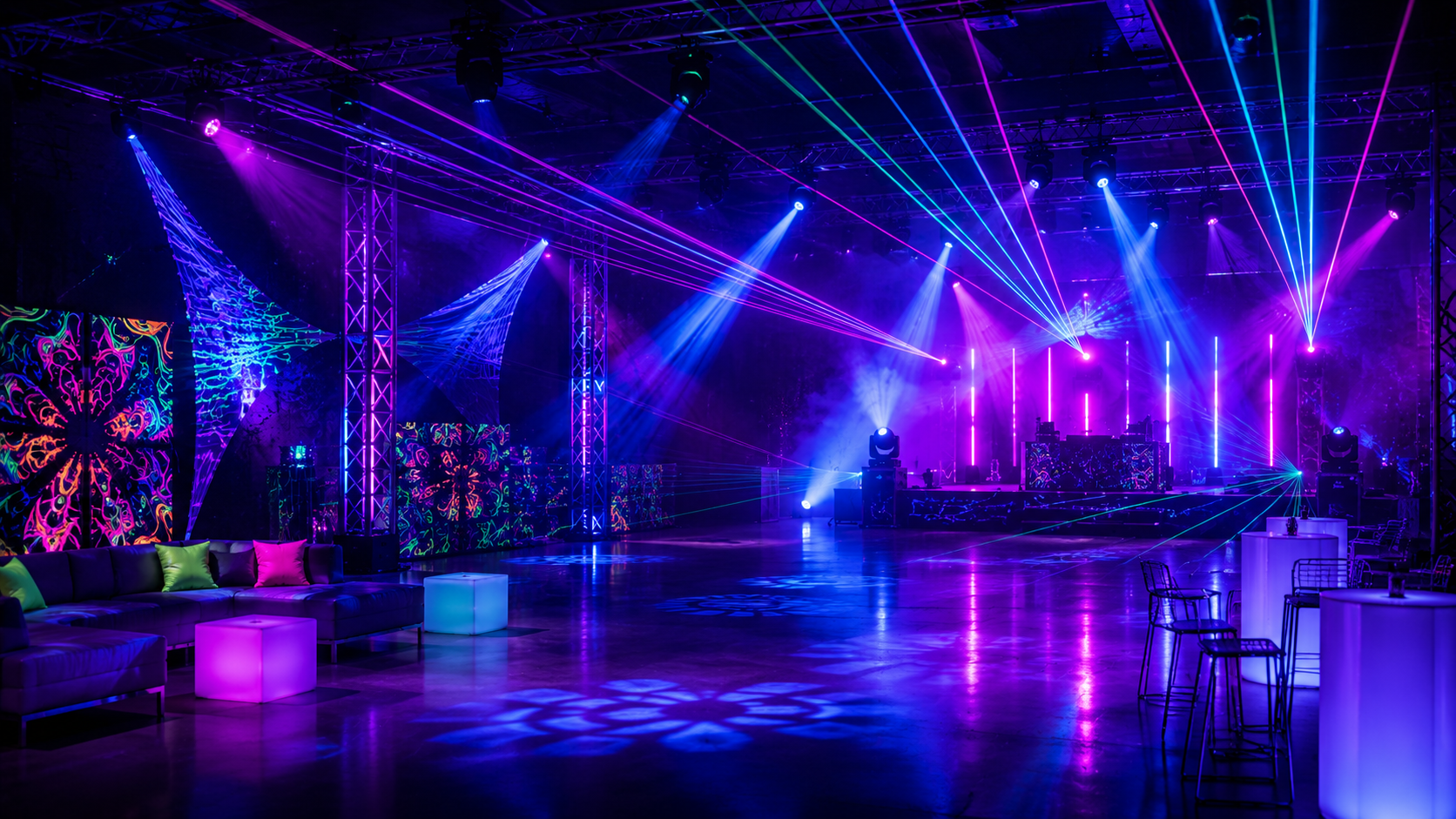 Distintos efectos de iluminación combinados mostrando ideas de uso para fiestas y eventos