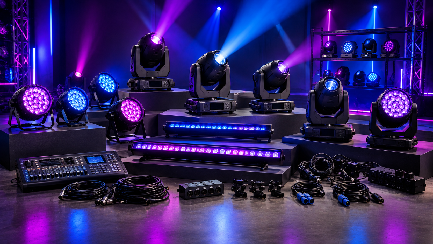 Variedad de equipos de iluminación profesional ordenados como catálogo