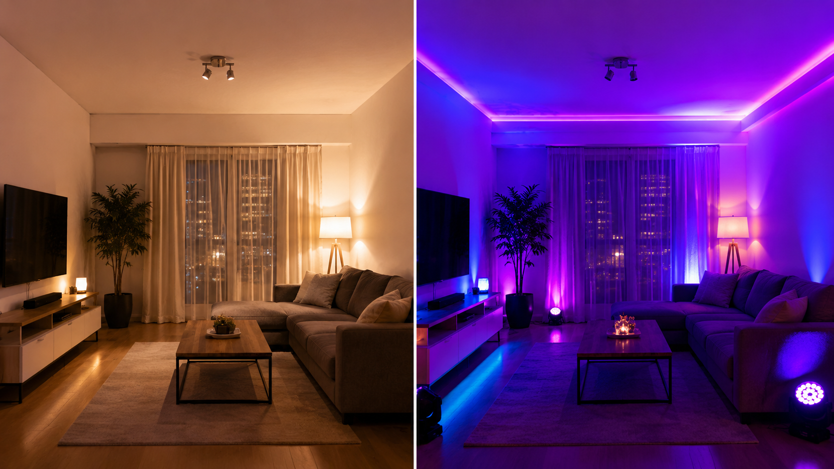 Comparación de un living normal y el mismo espacio transformado con iluminación para fiesta