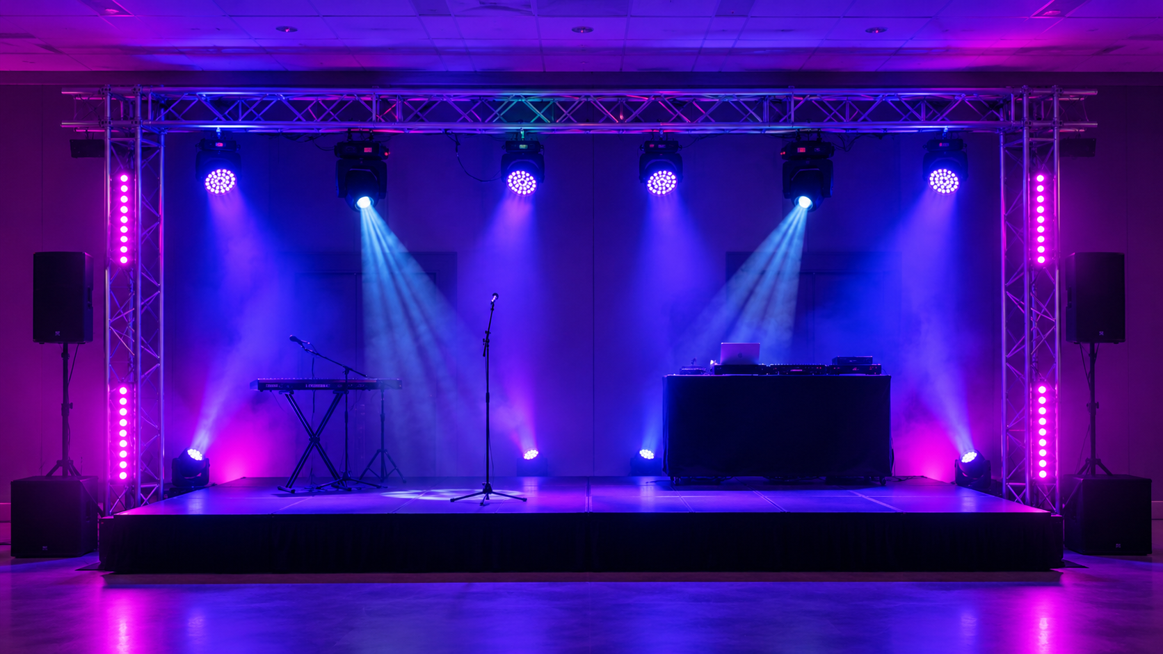 Escenario pequeño con truss portátil, PAR LED, moving heads y barras LED