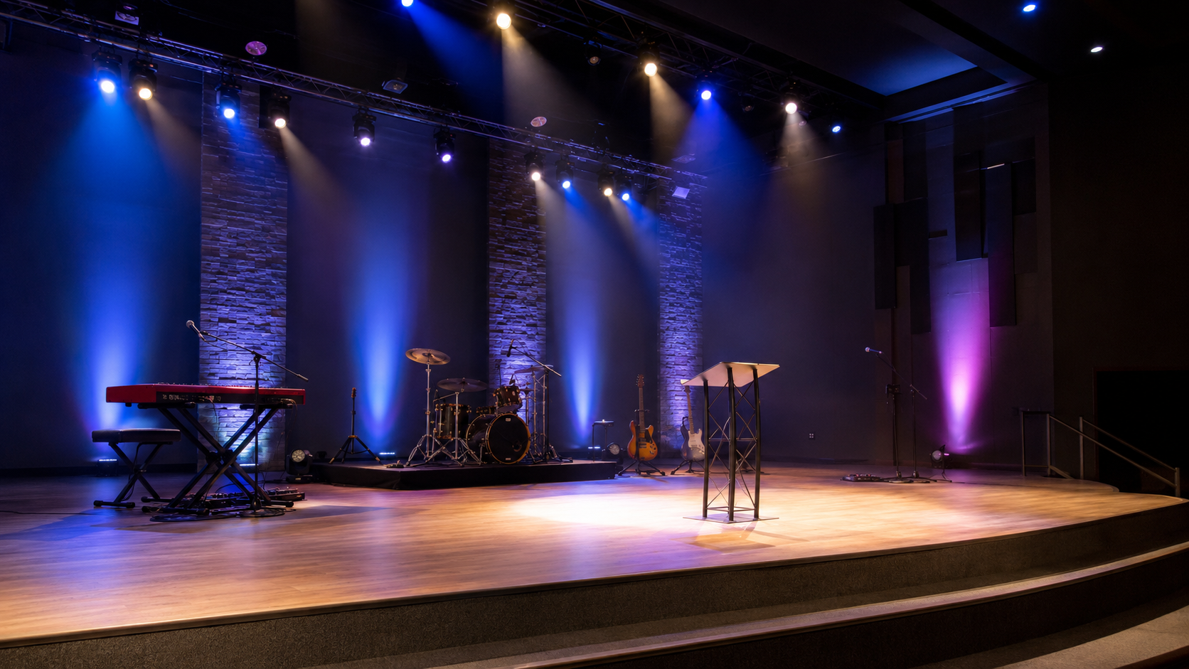 Escenario de iglesia iluminado con Wash, PAR LED y luz cálida para adoración