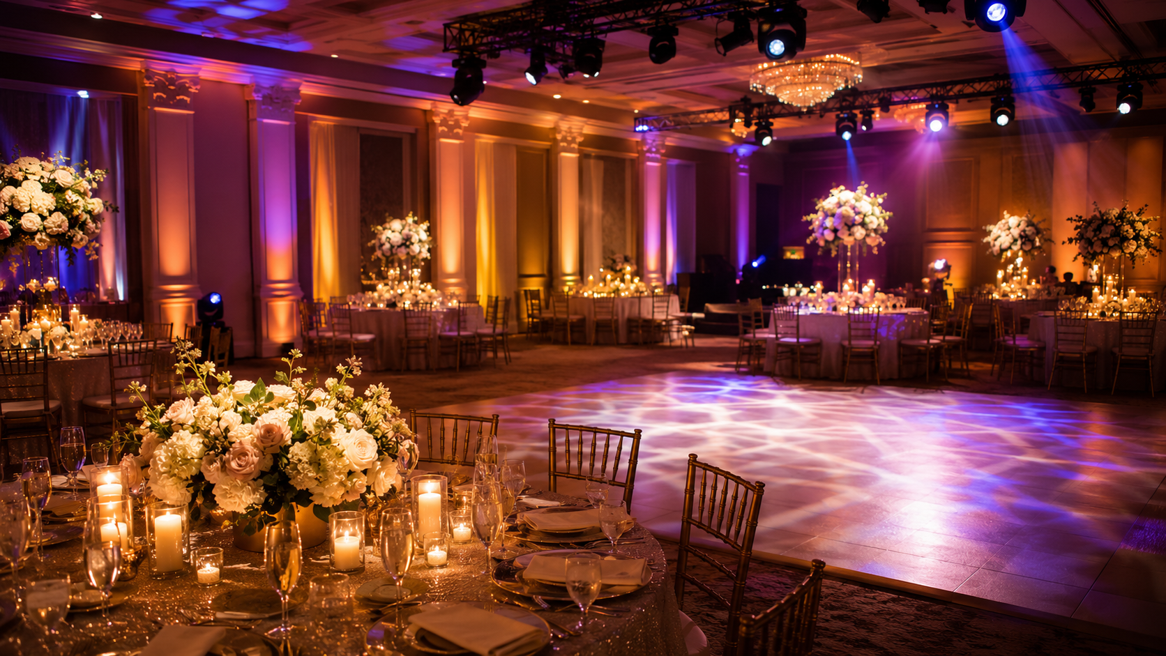 Matrimonio elegante con uplighting, iluminación cálida y pista de baile iluminada