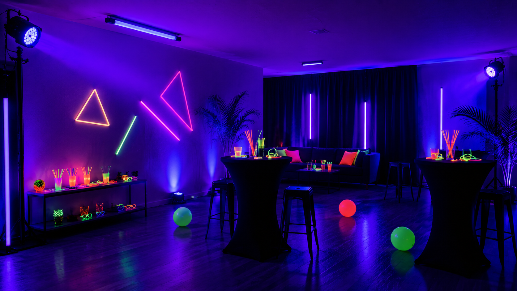 Montaje de fiesta UV con luz negra, neón LED y decoración fluorescente