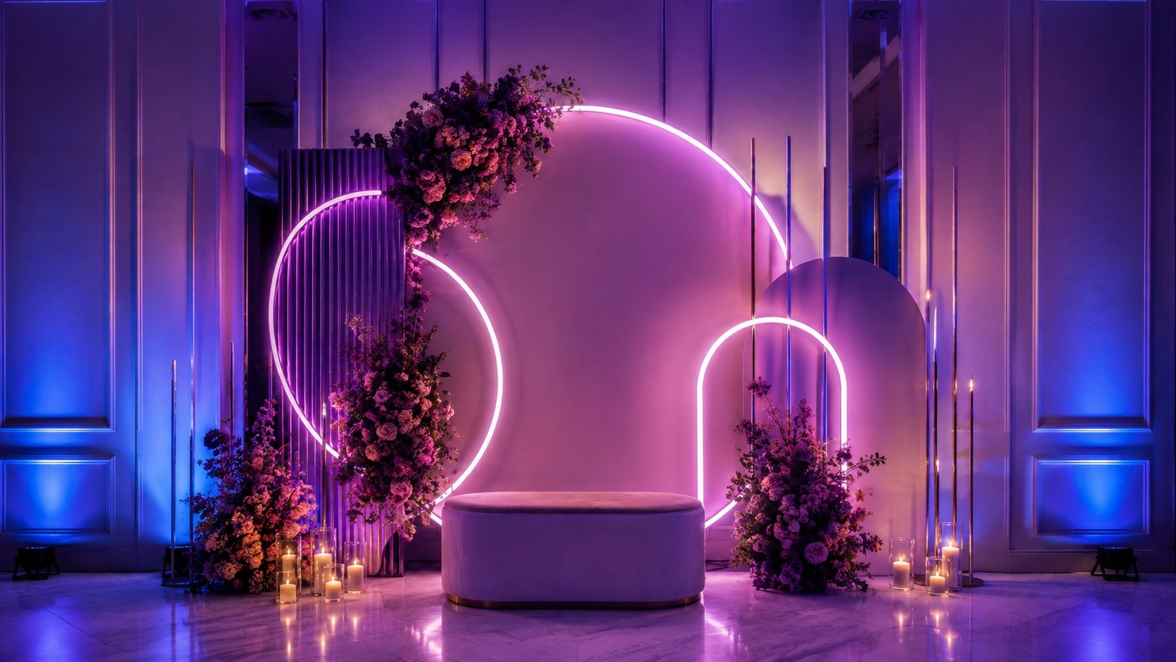 Fondo fotográfico para eventos decorado con neón LED e iluminación ambiental