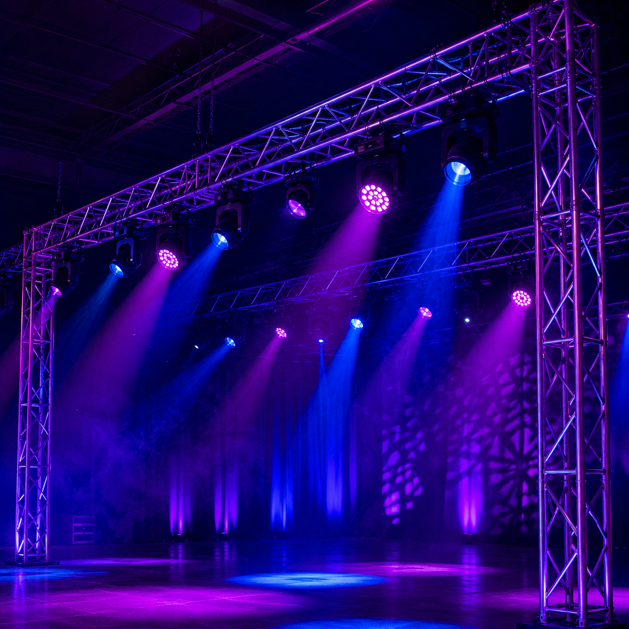 Estructura truss con luces montadas en un escenario