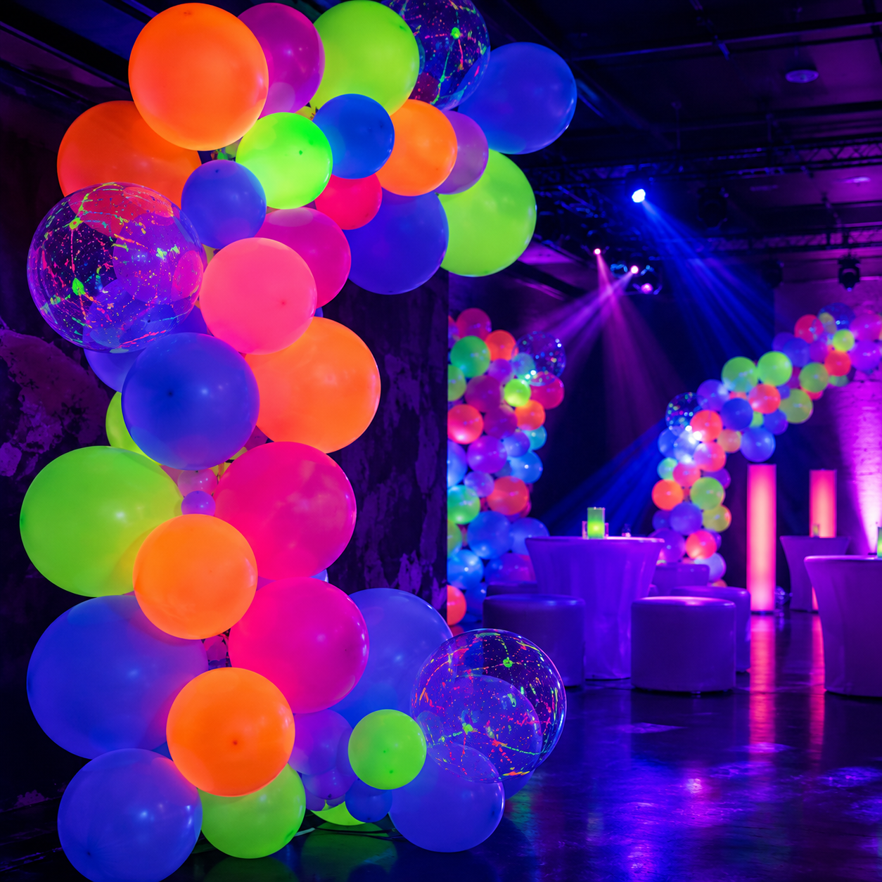 Globos fluorescentes brillando bajo luz negra en una fiesta