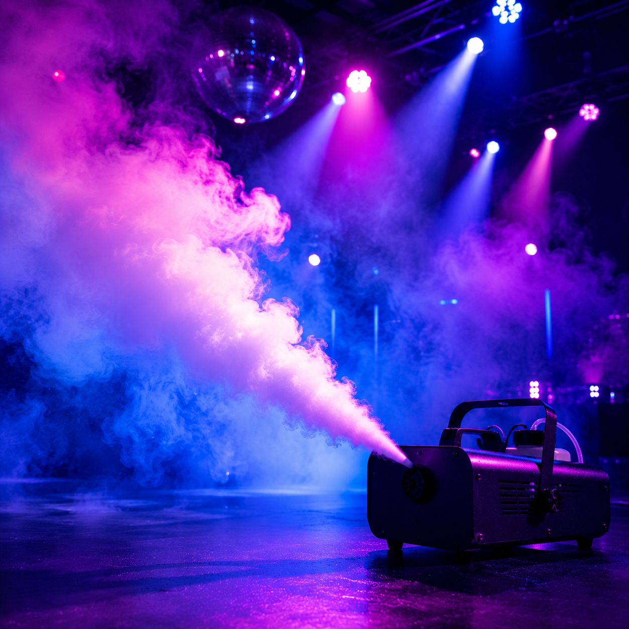 Máquina de humo activa en una pista de baile