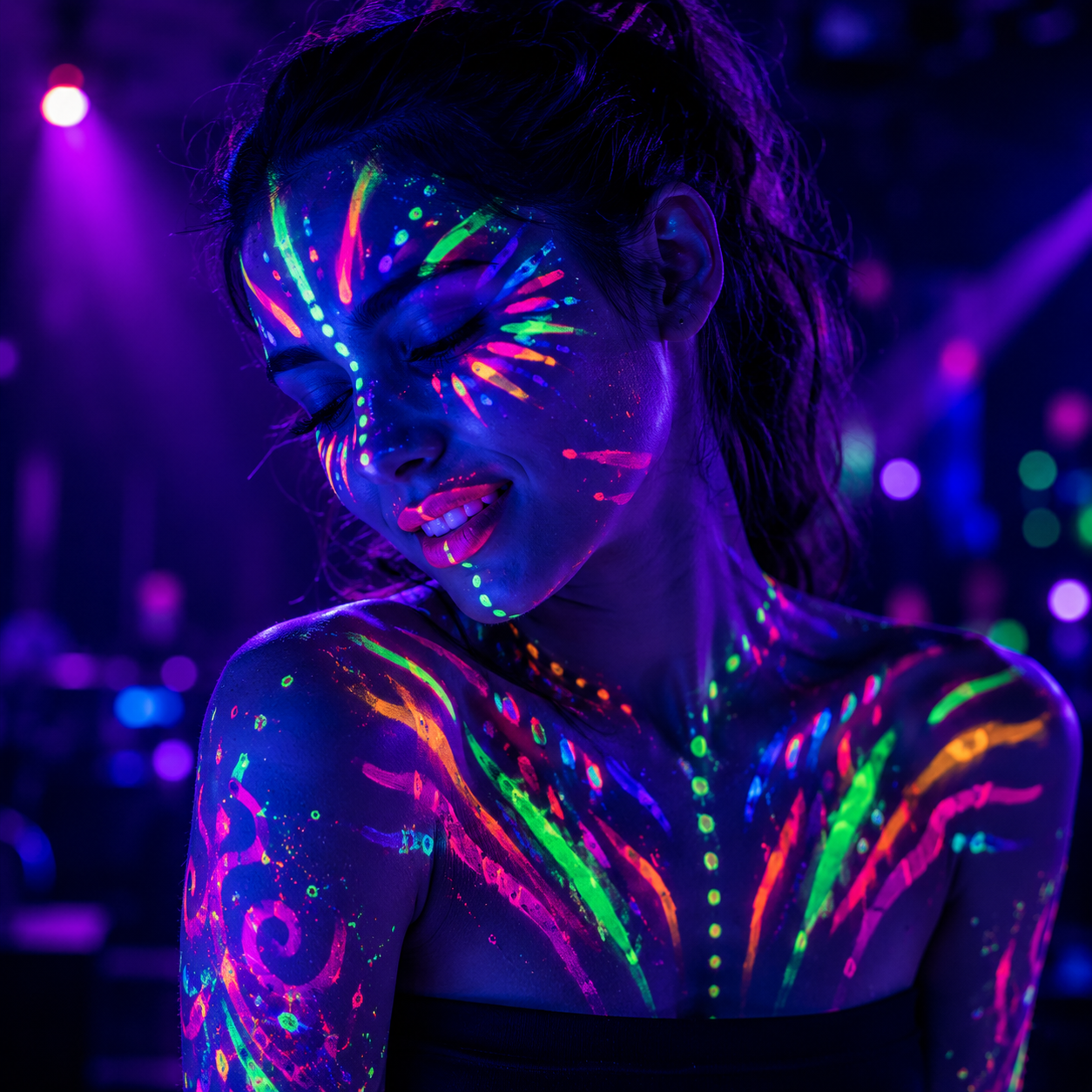 Rostro pintado con pintura UV brillando bajo luz negra