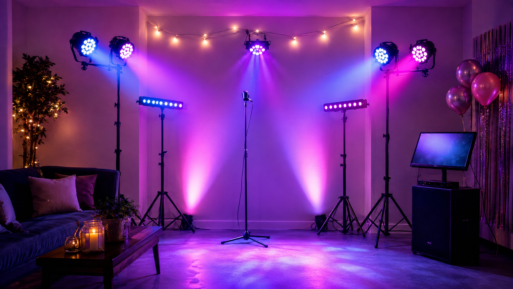 Kit de iluminación para cumpleaños y karaoke con PAR LED, barras LED y pequeños efectos