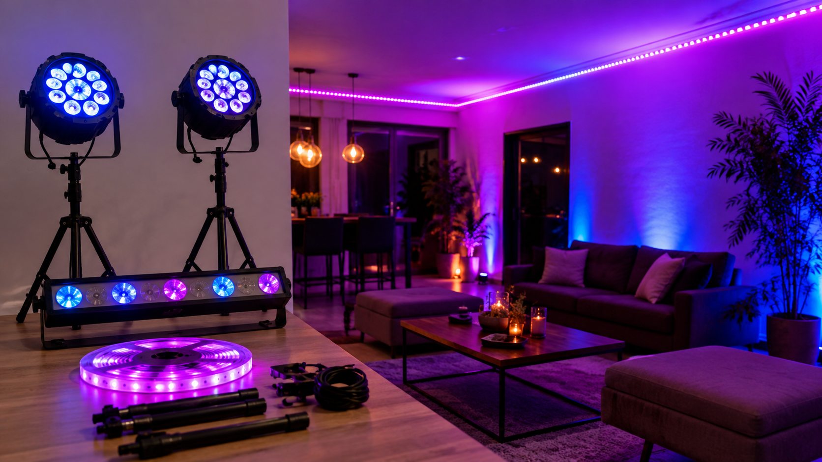 Kit básico de iluminación con dos PAR LED, barra LED y luces decorativas para fiesta en casa