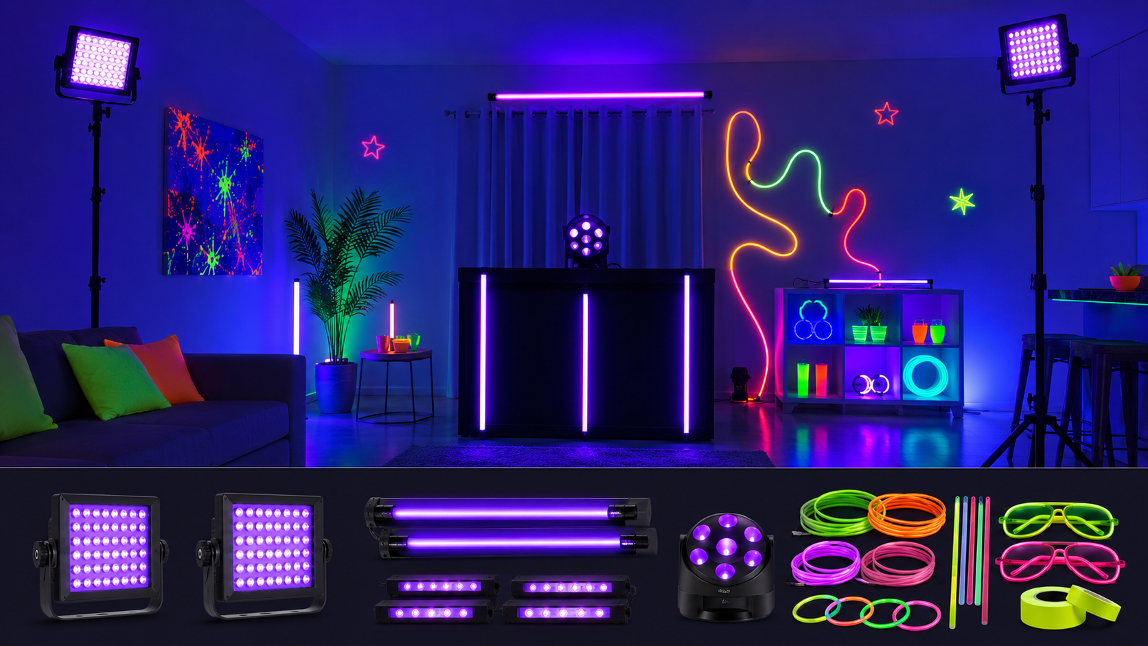 Kit para fiesta UV y neón con reflectores ultravioleta, tubo LED y elementos fluorescentes decorativos
