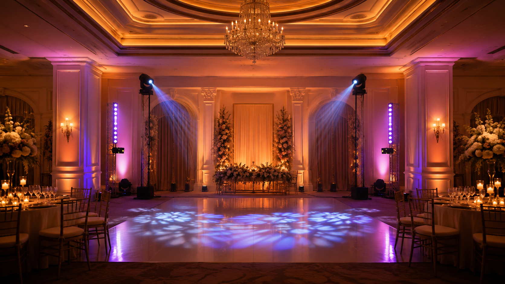 Salón de matrimonio iluminado con uplighting cálido, moving heads en truss y pista de baile
