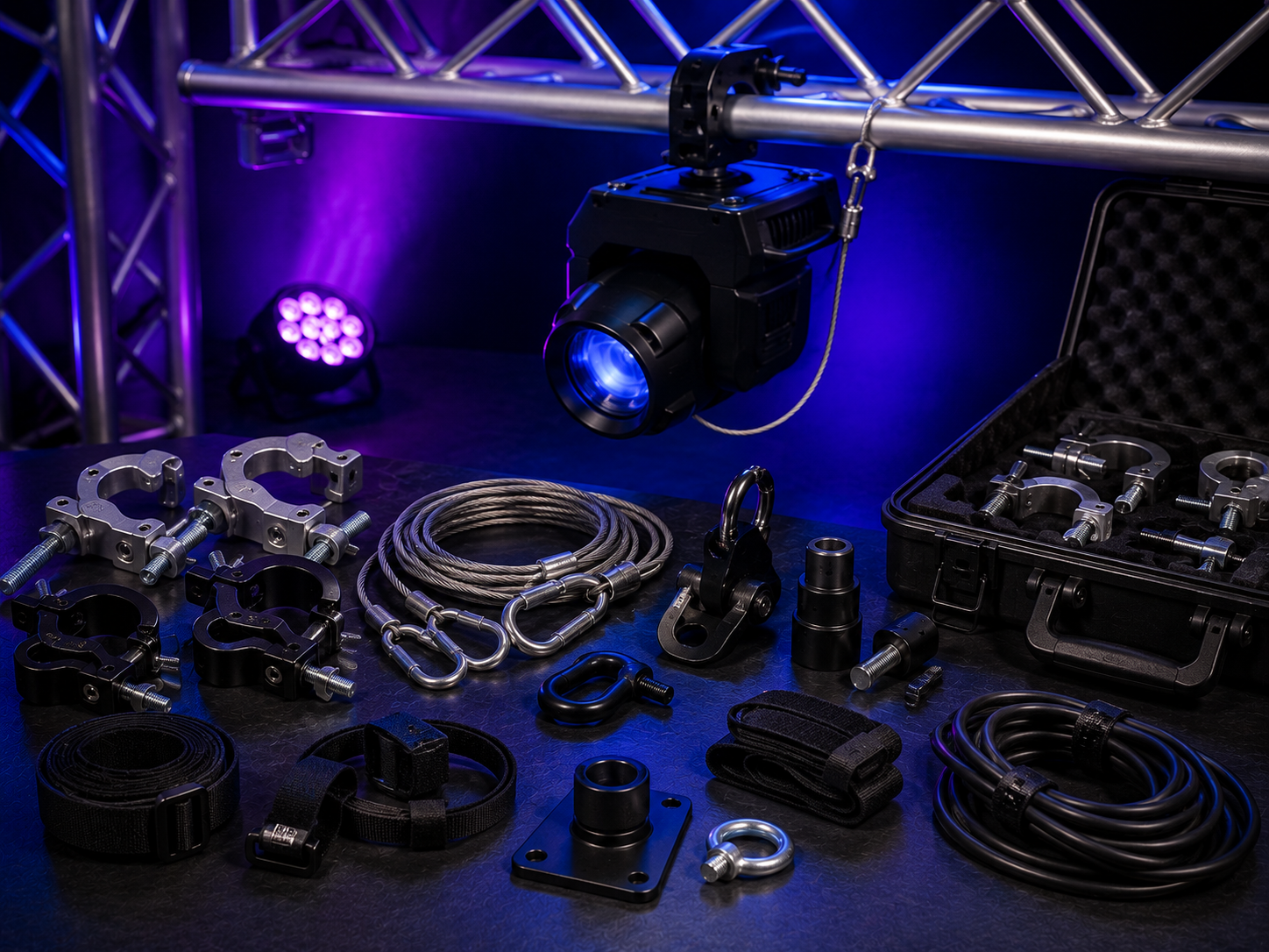 Accesorios de montaje y seguridad para equipos de iluminación profesional