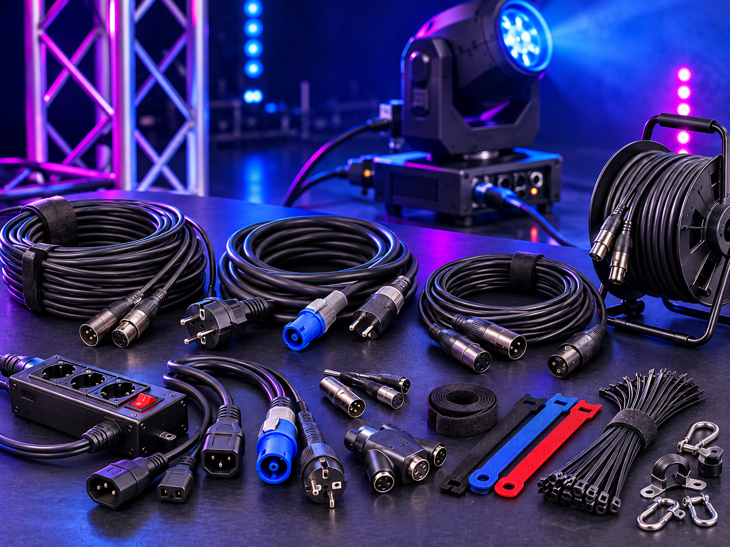 Cables DMX, alimentación y conectores para sistemas de iluminación profesional
