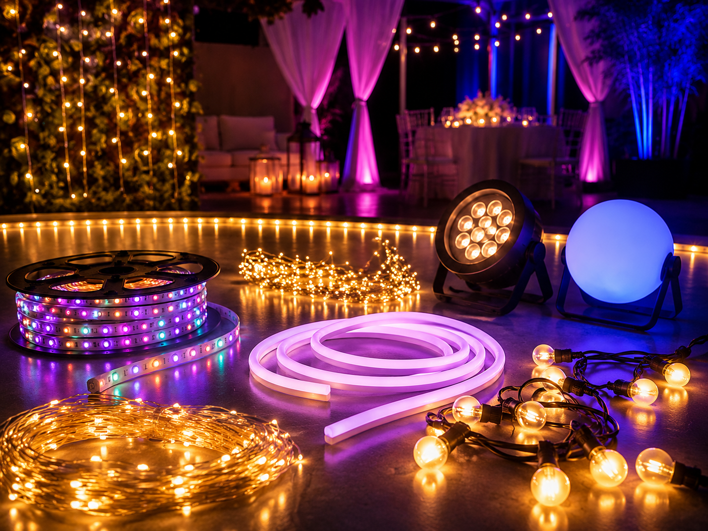 Iluminación decorativa LED, guirnaldas y neón flexible para fiestas y eventos