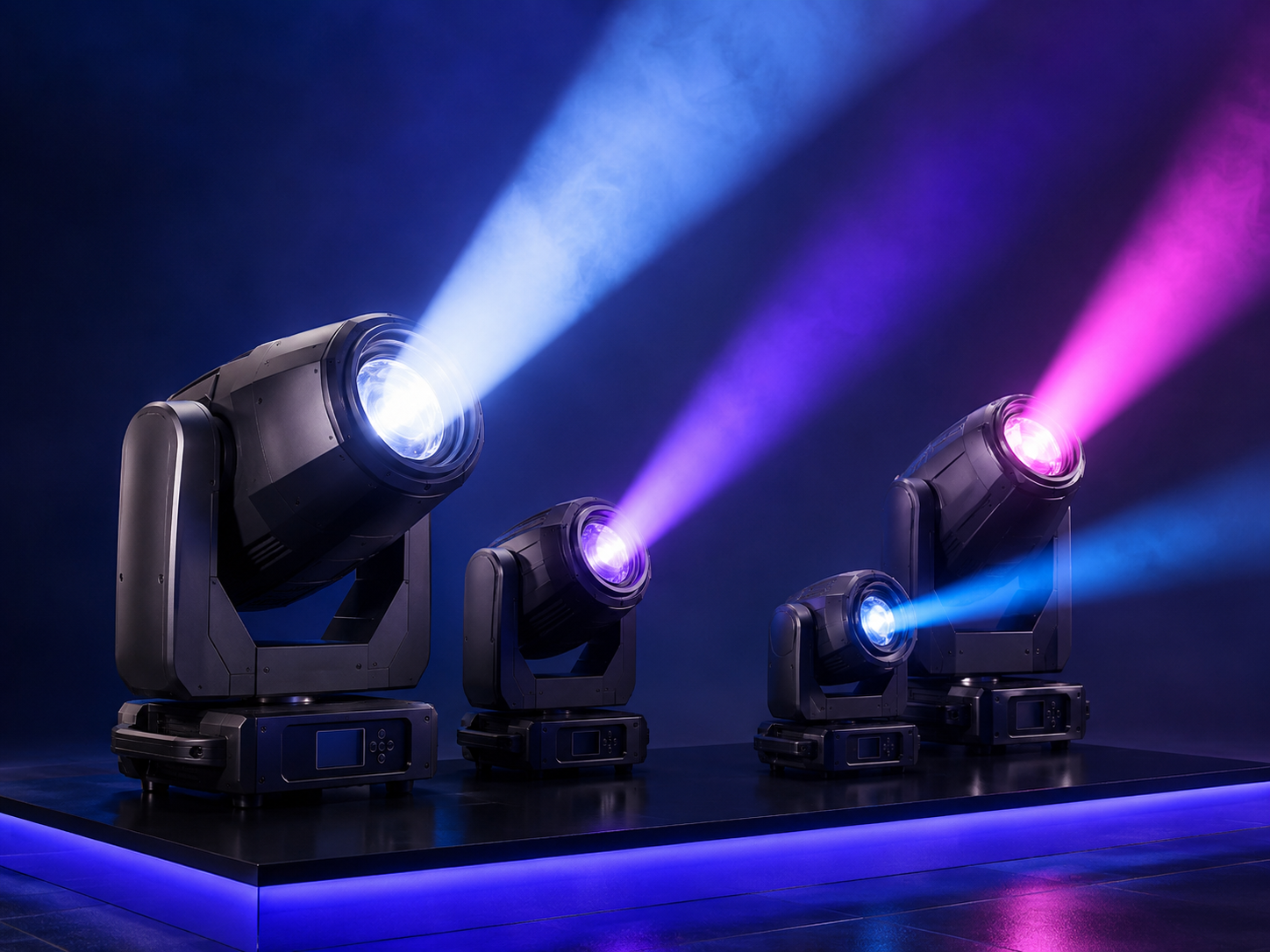 Cuatro moving heads proyectando haces de luz azul y magenta con humo